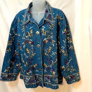 Vintage 90s UNITS Lightweight Denim Jacket Floral Embroidery Size L Boho Artsy
